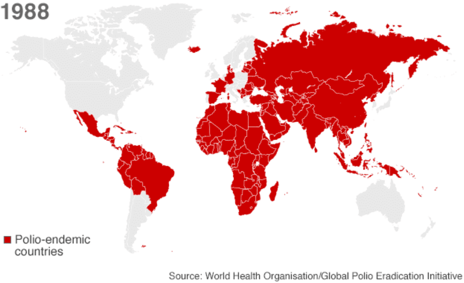 La mappa dell'Oms della diffusione globale della poliomielite nel 1988