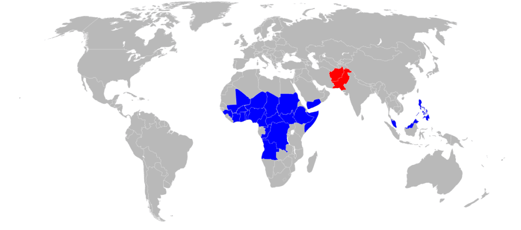 La mappa della diffusione globale della poliomielite nel 2020: in blu i casi "derivati dal vaccino", in rosso i casi endemici