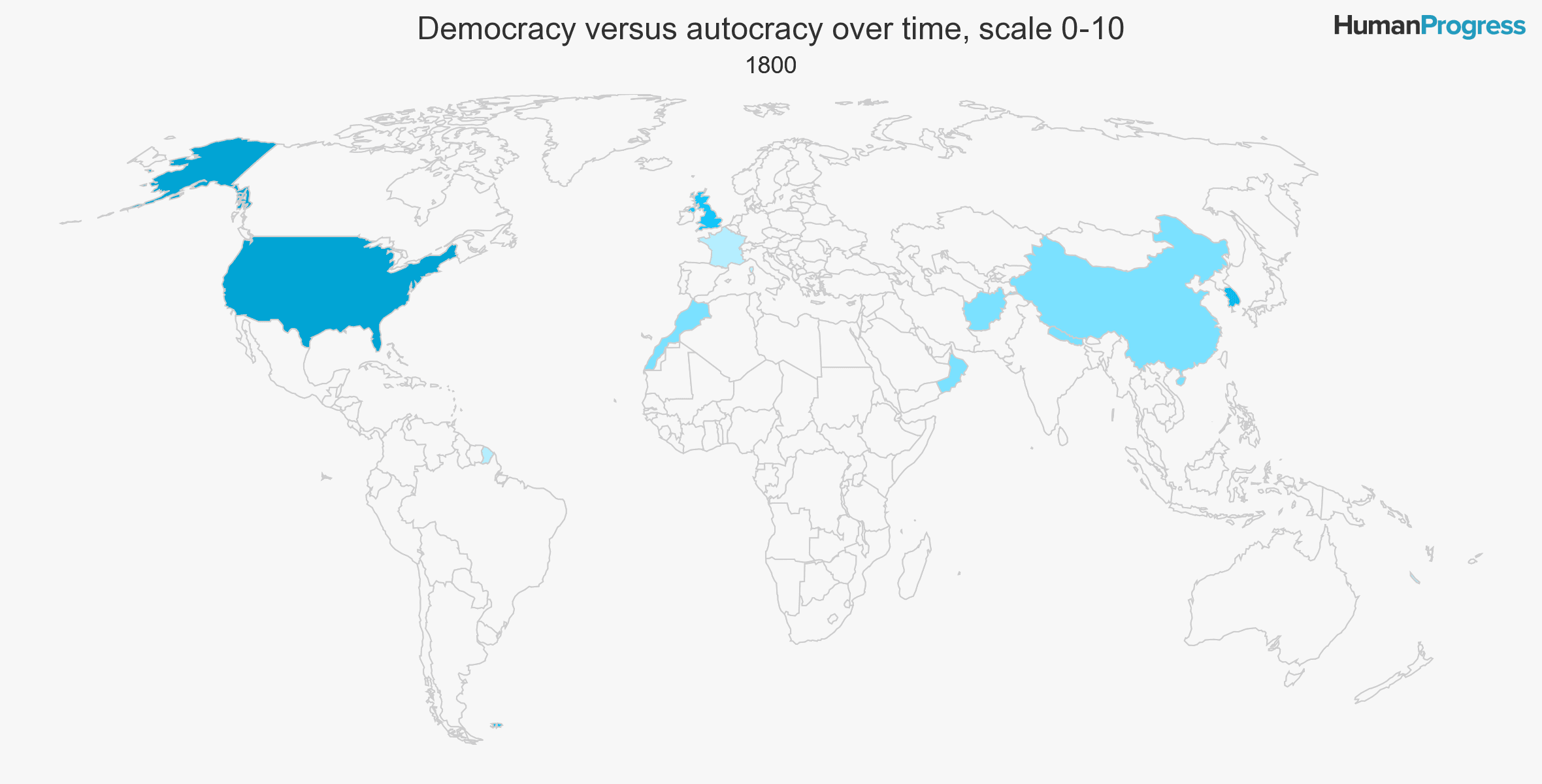 Mappa del confronto della diffusione della democrazia nel mondo nel 1800. Come si può notare, solo pochi Paesi erano democratici e, cioè, gli Sati Uniti, il Regno Unito, la Francia, il Marocco, l'Oman, l'Afghanistan e la Cina 