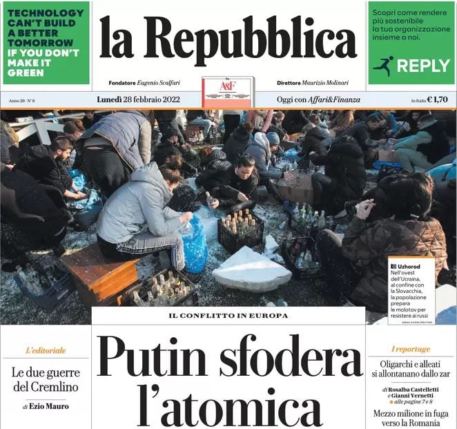 Guerra Russia Ucraina: "Putin sfodera l'atomica", è il titolo minaccioso scelto dalla Repubblica del 28 febbraio