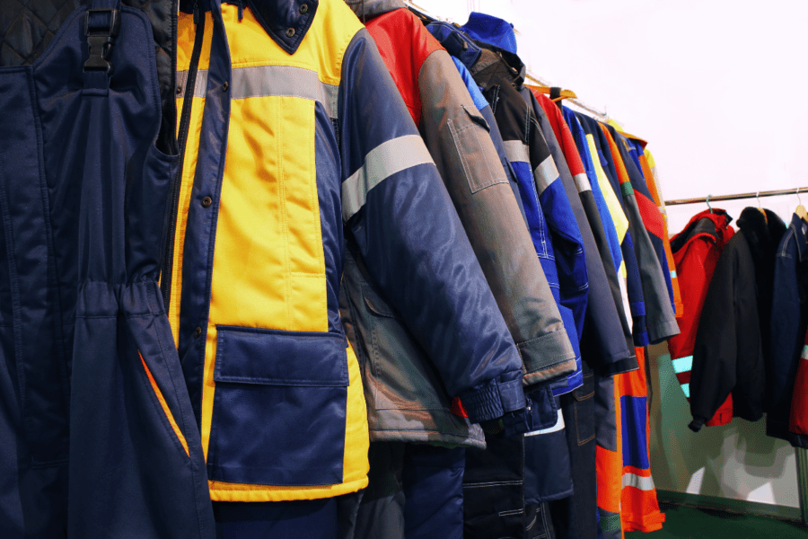 La foto ritrae una serie di giacche di sicurezza da lavoro per uomo