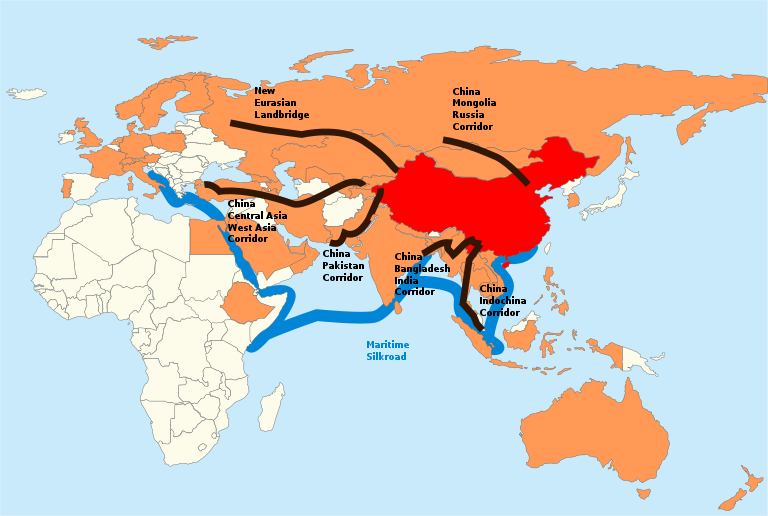 Nuova via della Seta Italia Cina. Mappa delle rotte commerciali cinesi in Europa.