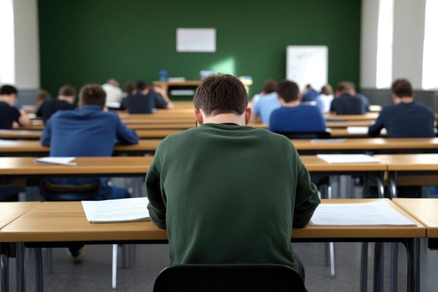 Esame di maturità 2026: in primo piano un gruppo di studenti sostiene un esame.