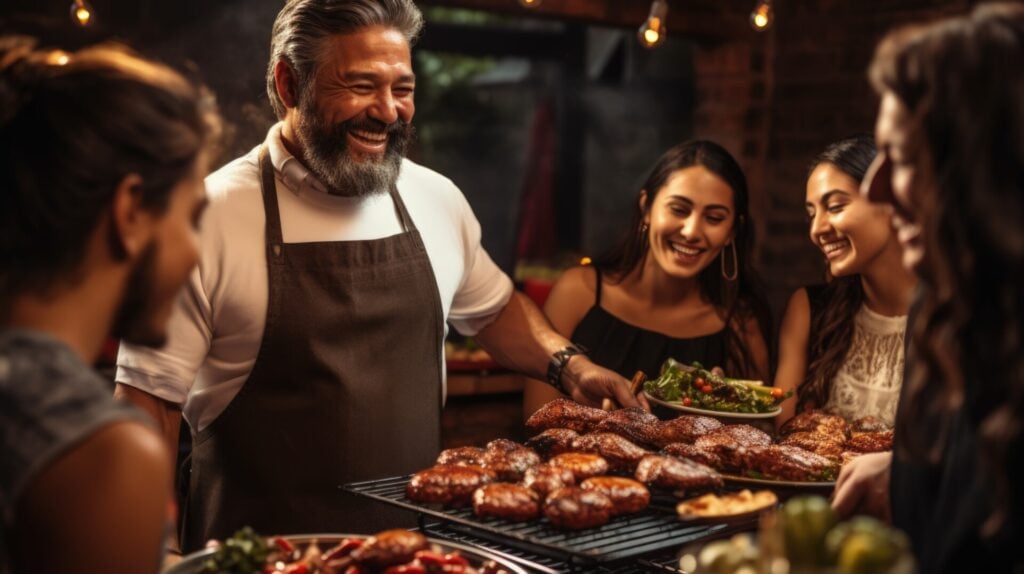 Gruppo di persone sorridenti intorno a una grigliata di carne