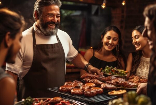 Gruppo di persone sorridenti intorno a una grigliata di carne